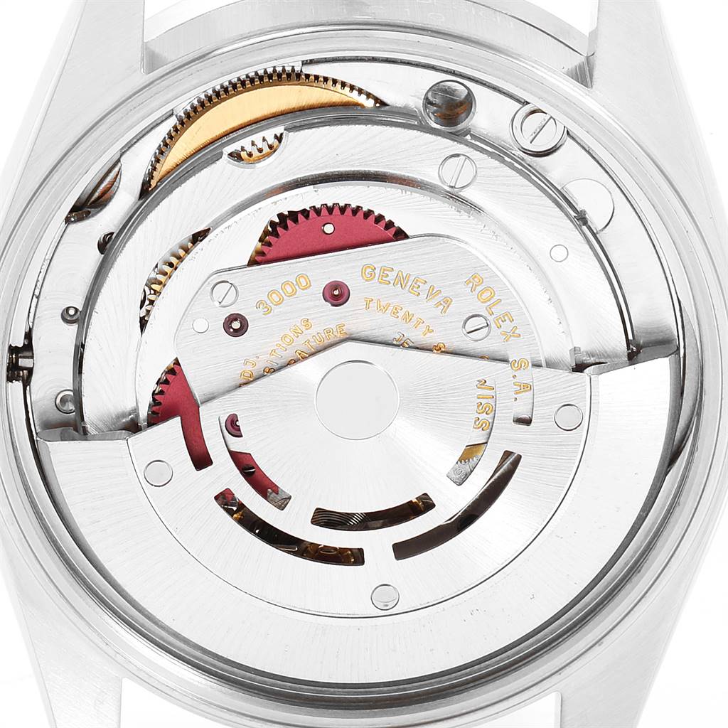 The image shows the inner mechanical movement of a Rolex Air-King 14010 Men's Stainless Steel Silver Dial 14010 Men's Stainless Steel Silver Dial watch from a back angle.