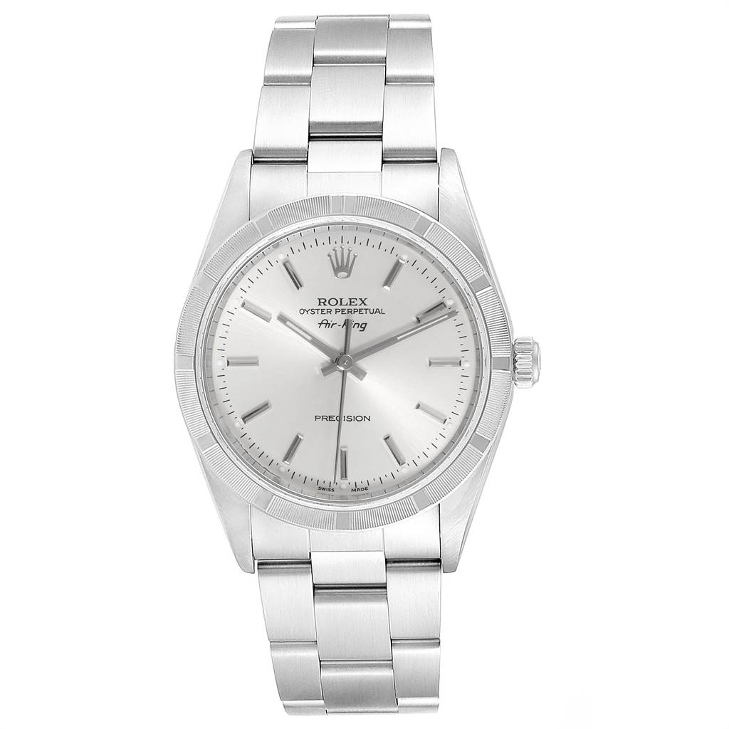 The image shows a front view of a Rolex Air-King 14010 Men's Stainless Steel Silver Dial 14010 Men's Stainless Steel Silver Dial watch, displaying its dial, hands, case, and bracelet.