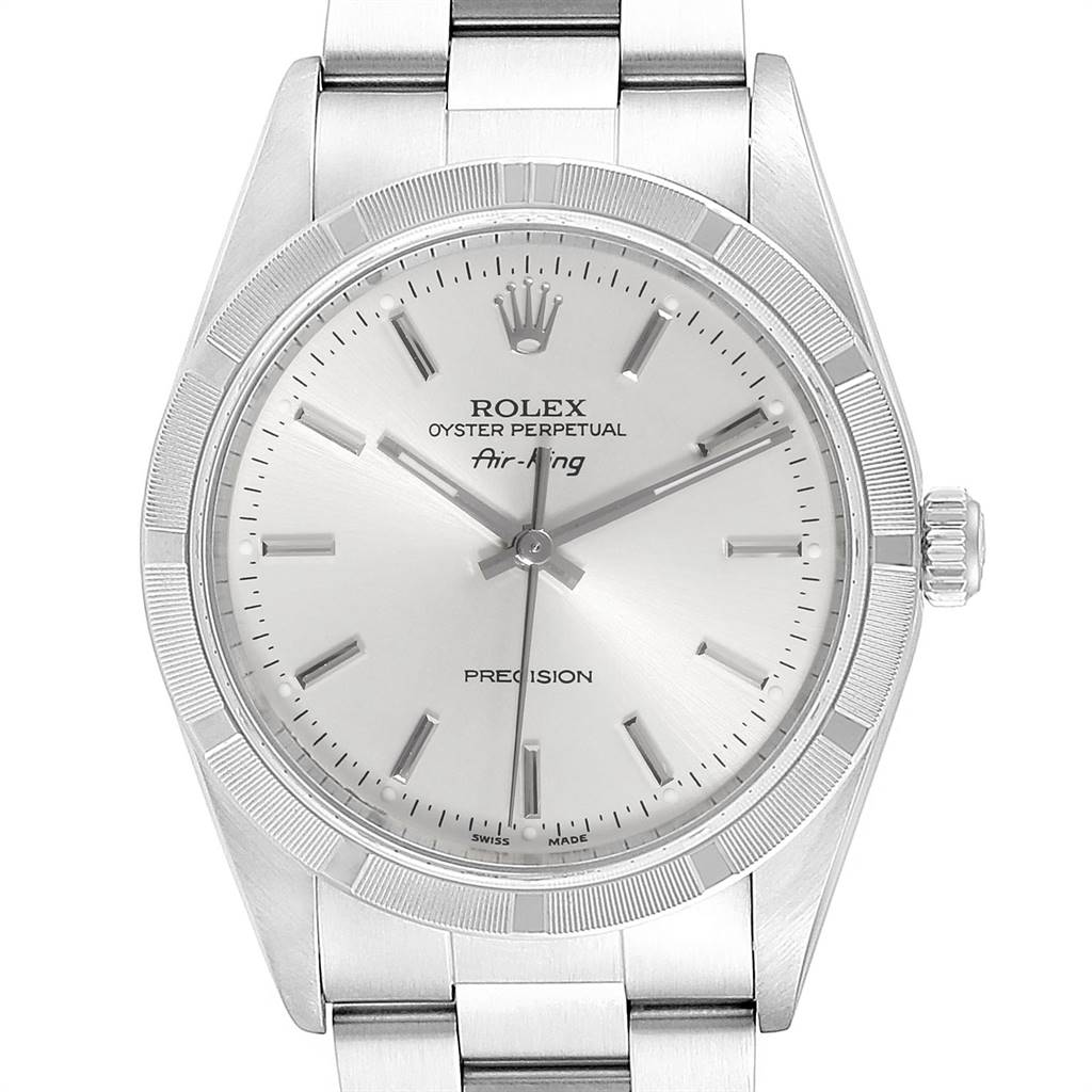 This image shows a front view of a Rolex Air-King 14010 Men's Stainless Steel Silver Dial 14010 Men's Stainless Steel Silver Dial watch, highlighting the dial, hands, and part of the bracelet.