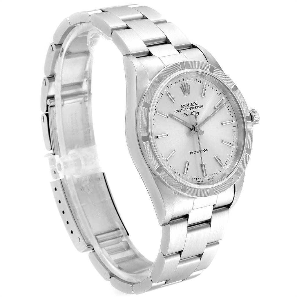 The image shows a Rolex Air-King 14010 Men's Stainless Steel Silver Dial 14010 Men's Stainless Steel Silver Dial watch at a three-quarter angle, highlighting its bracelet, dial, and case.