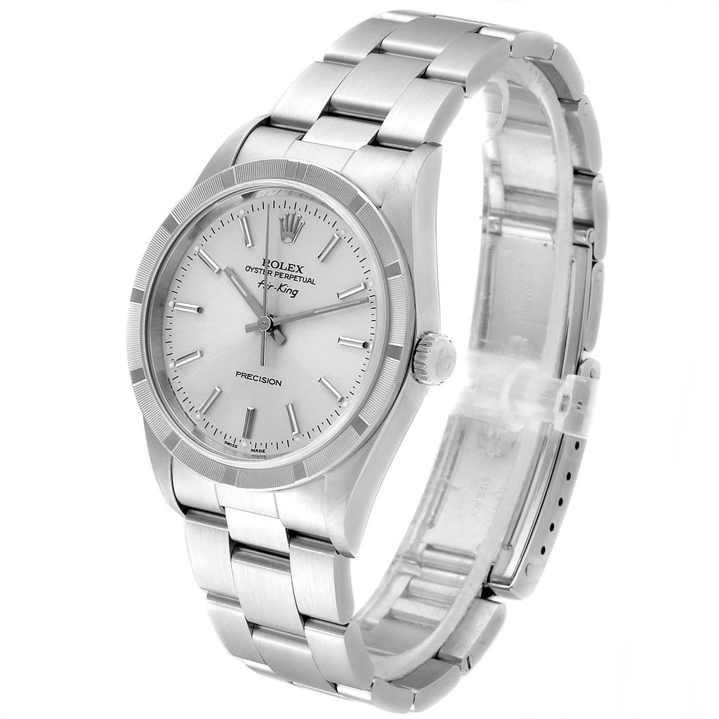 This image shows the front and side view of the Rolex Air-King 14010 Men's Stainless Steel Silver Dial 14010 Men's Stainless Steel Silver Dial watch, highlighting its dial, bezel, case, and bracelet.