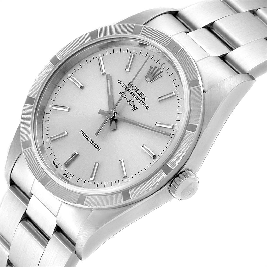 The image shows a close-up of the Rolex Air-King 14010 Men's Stainless Steel Silver Dial 14010 Men's Stainless Steel Silver Dial watch taken at a slight angle, highlighting the face, bezel, crown, and bracelet.