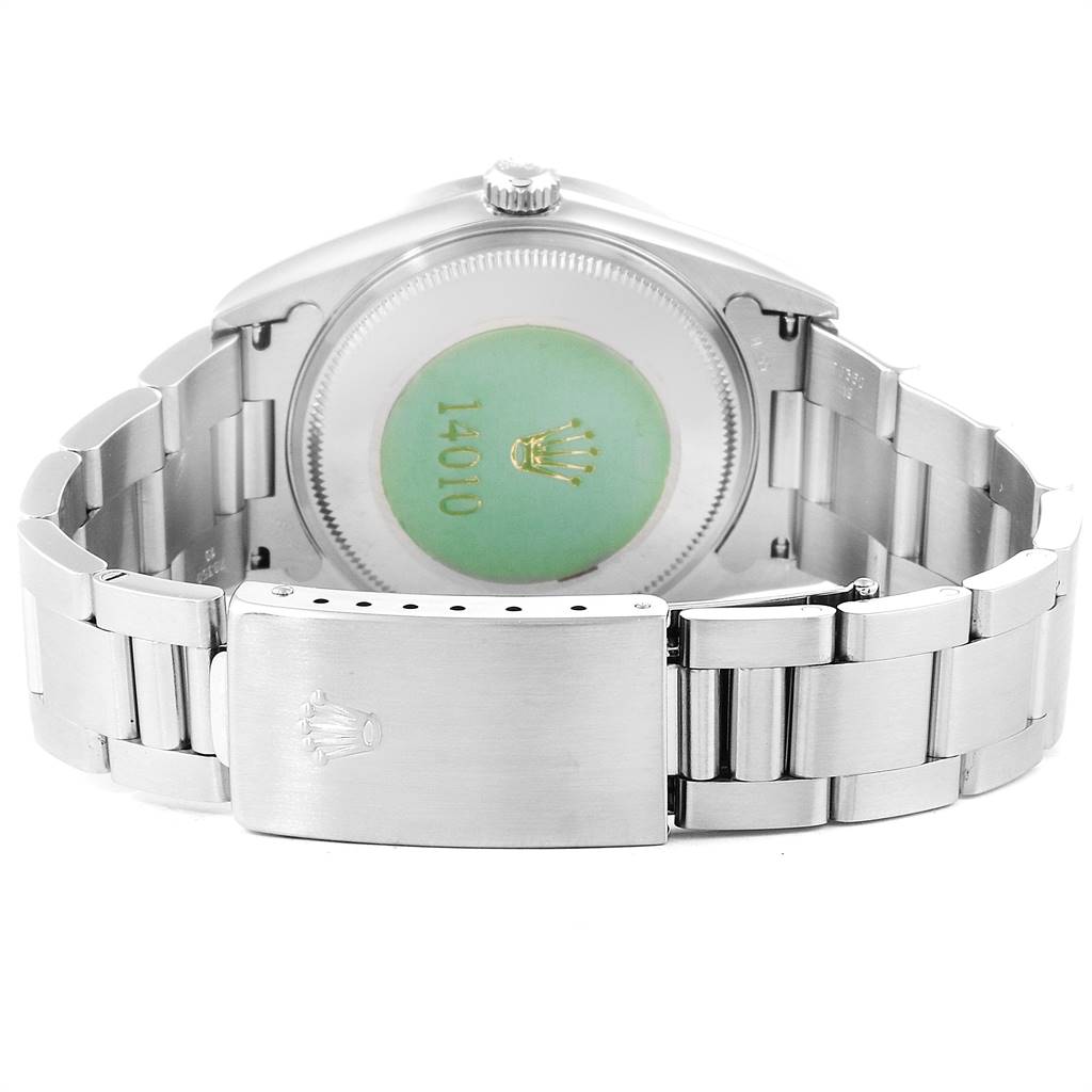 The image shows the Rolex Air-King 14010 Men's Stainless Steel Silver Dial 14010 Men's Stainless Steel Silver Dial watch from a rear angle, highlighting the case back and bracelet clasp.