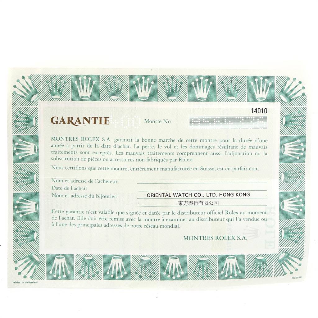 This is a warranty certificate for the Rolex Air-King 14010 Men's Stainless Steel Silver Dial 14010 Men's Stainless Steel Silver Dial model, featuring green borders with the Rolex crown logo.