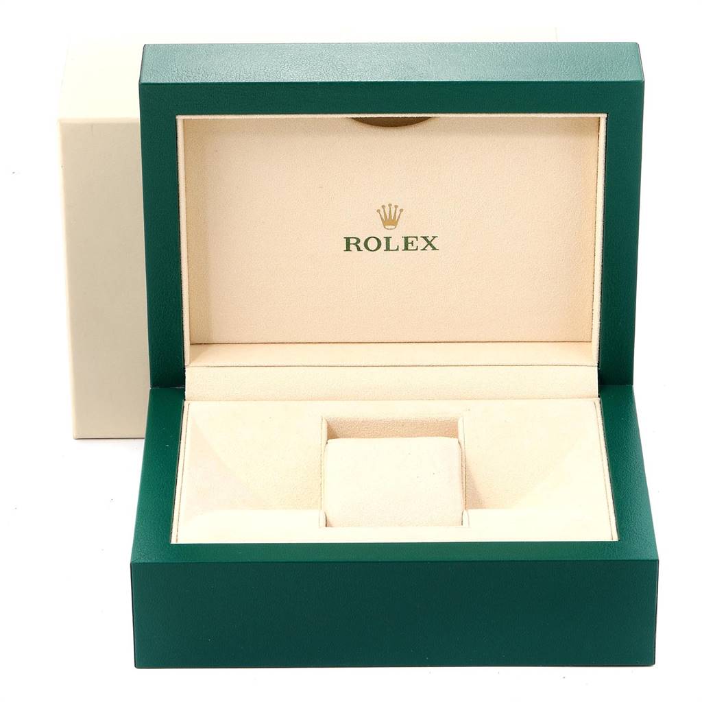 The image shows an open, empty Rolex Air-King 116900 Men's Stainless Steel Black Dial 116900 Men's Stainless Steel Black Dial watch box, with a green exterior and cream-colored interior.