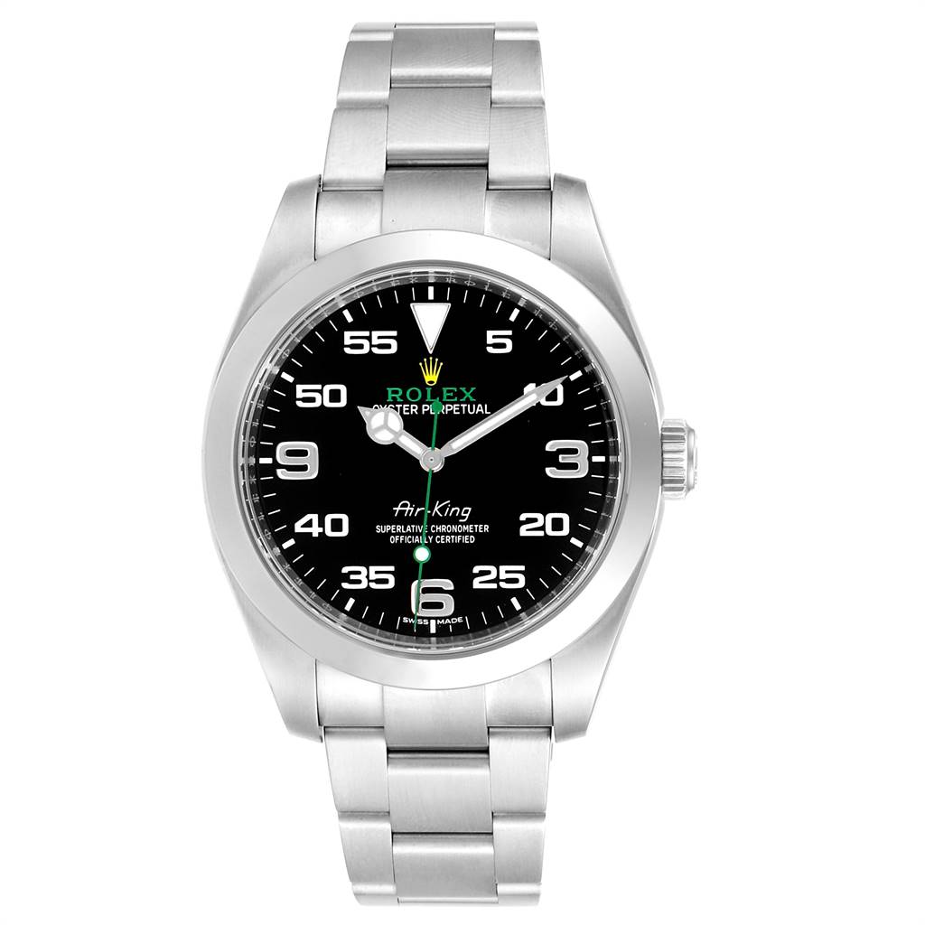 This image shows a front view of the Rolex Air-King 116900 Men's Stainless Steel Black Dial 116900 Men's Stainless Steel Black Dial model, displaying its dial, bezel, and bracelet.