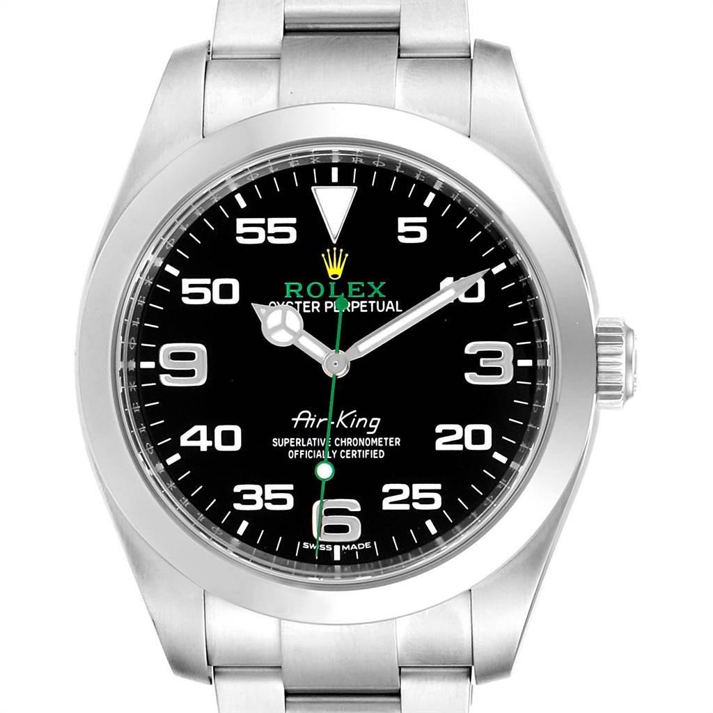 This is a front view of a Rolex Air-King 116900 Men's Stainless Steel Black Dial 116900 Men's Stainless Steel Black Dial watch, showing the face, bezel, crown, and part of the bracelet.