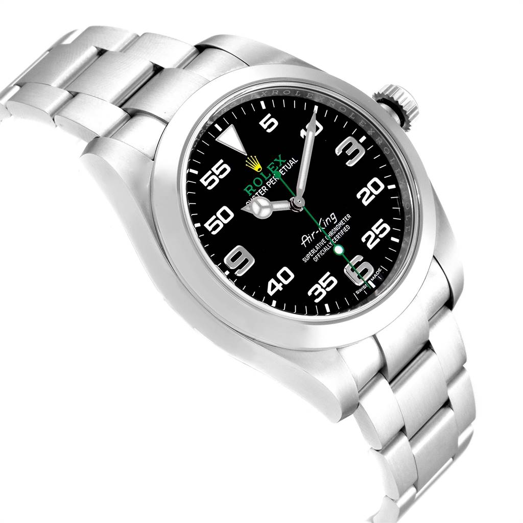 The image shows a Rolex Air-King 116900 Men's Stainless Steel Black Dial 116900 Men's Stainless Steel Black Dial watch at an oblique angle, highlighting the watch face and part of the bracelet.