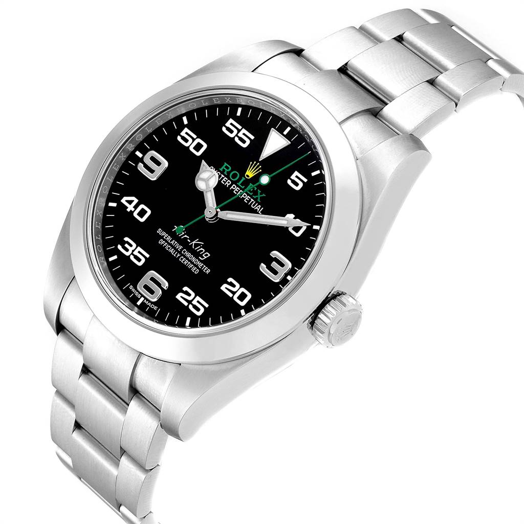 The image shows a side view of the Rolex Air-King 116900 Men's Stainless Steel Black Dial 116900 Men's Stainless Steel Black Dial watch, highlighting its black dial, crown, and metal bracelet.