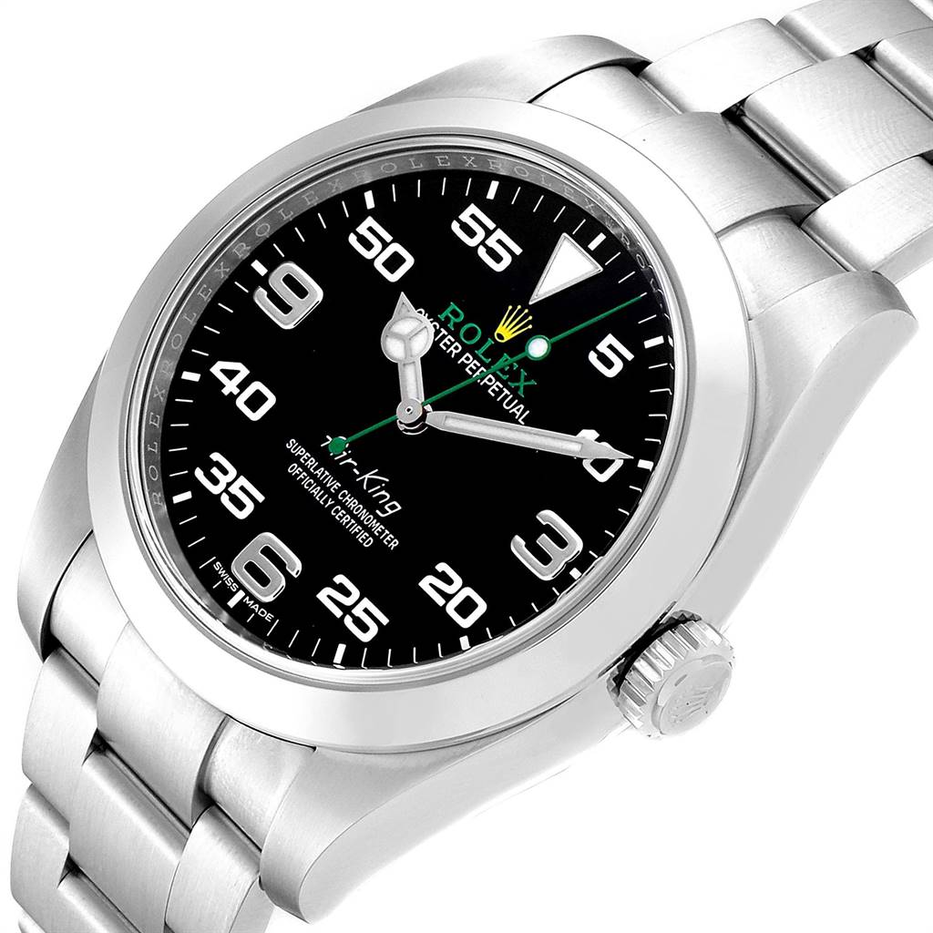 The Rolex Air-King 116900 Men's Stainless Steel Black Dial 116900 Men's Stainless Steel Black Dial watch is shown from an angled side perspective, highlighting its black dial, crown, and metal bracelet.