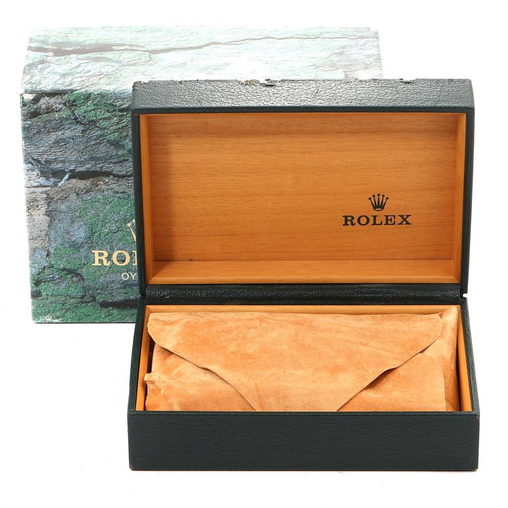 The image shows an open Rolex Air-King 14000 Men's Stainless Steel Blue Dial 14000 Men's Stainless Steel Blue Dial watch box with a suede pouch inside.
