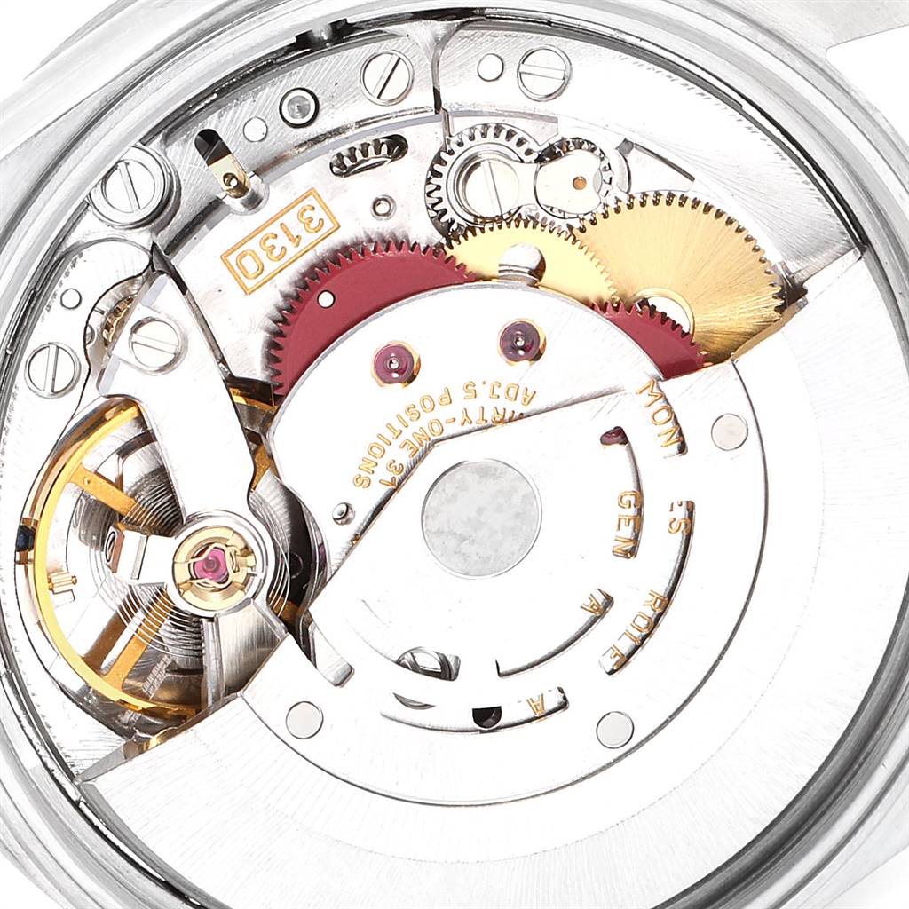 This image shows a close-up view of the internal mechanism of a Rolex Air-King 14000 Men's Stainless Steel Blue Dial 14000 Men's Stainless Steel Blue Dial watch, highlighting the gears and intricate parts.