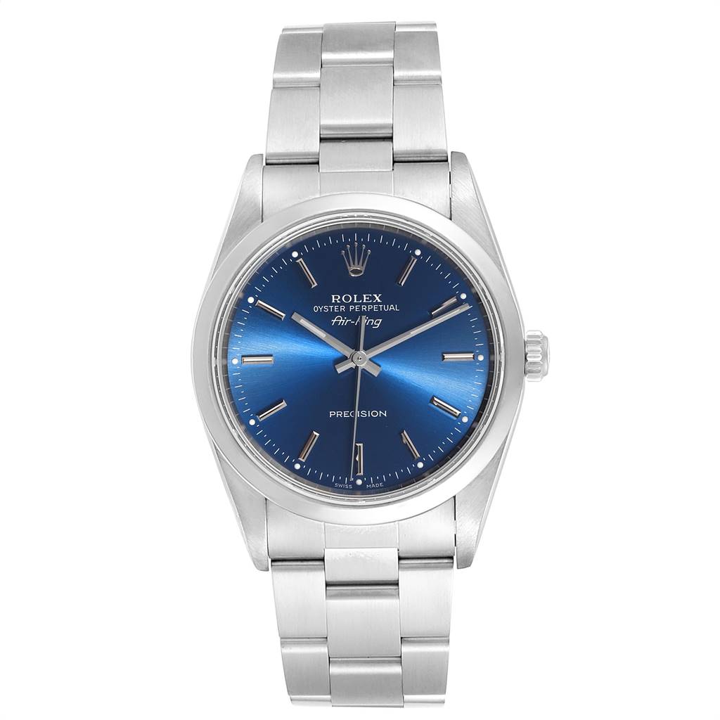 This image shows a Rolex Air-King 14000 Men's Stainless Steel Blue Dial 14000 Men's Stainless Steel Blue Dial watch from a front angle, highlighting its blue dial, silver case, and metallic bracelet.