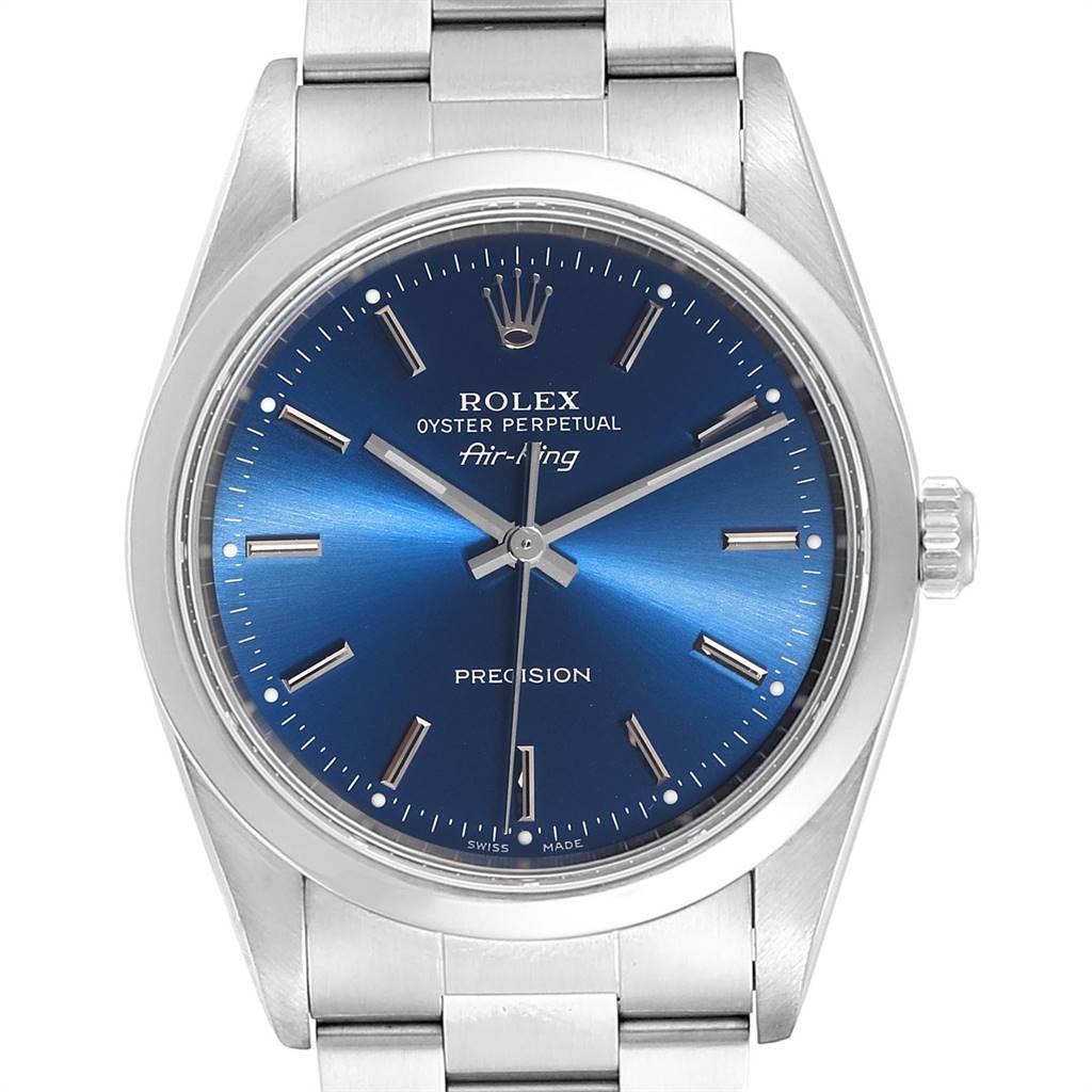 This image shows a front view of the Rolex Air-King 14000 Men's Stainless Steel Blue Dial 14000 Men's Stainless Steel Blue Dial watch, featuring a blue dial and silver bracelet.