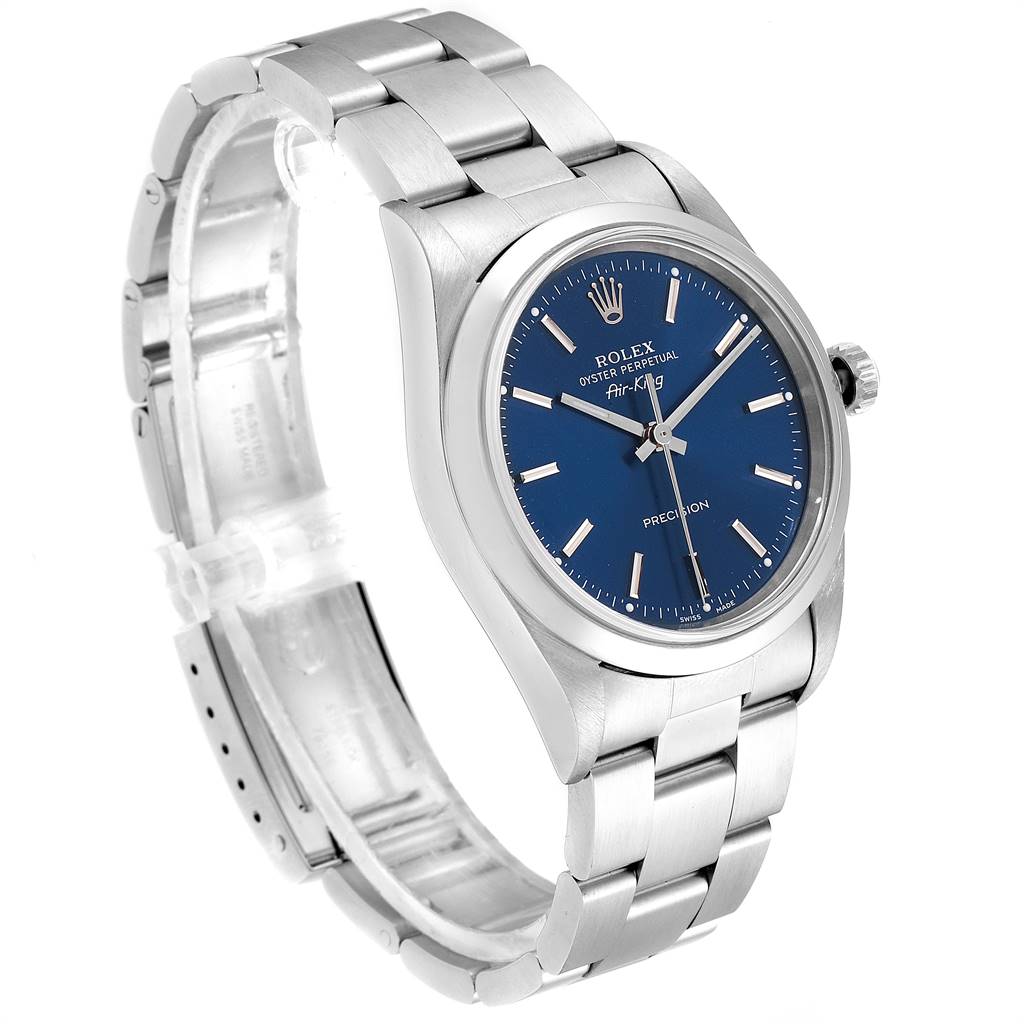 This image shows a Rolex Air-King 14000 Men's Stainless Steel Blue Dial 14000 Men's Stainless Steel Blue Dial watch at a three-quarter angle, highlighting the face, bezel, and bracelet.