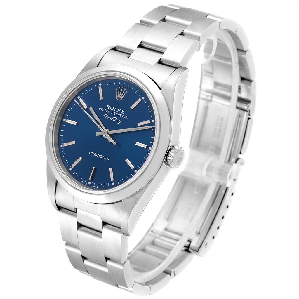 The image shows a Rolex Air-King 14000 Men's Stainless Steel Blue Dial 14000 Men's Stainless Steel Blue Dial watch angled slightly from above, highlighting the face, bezel, crown, and bracelet.