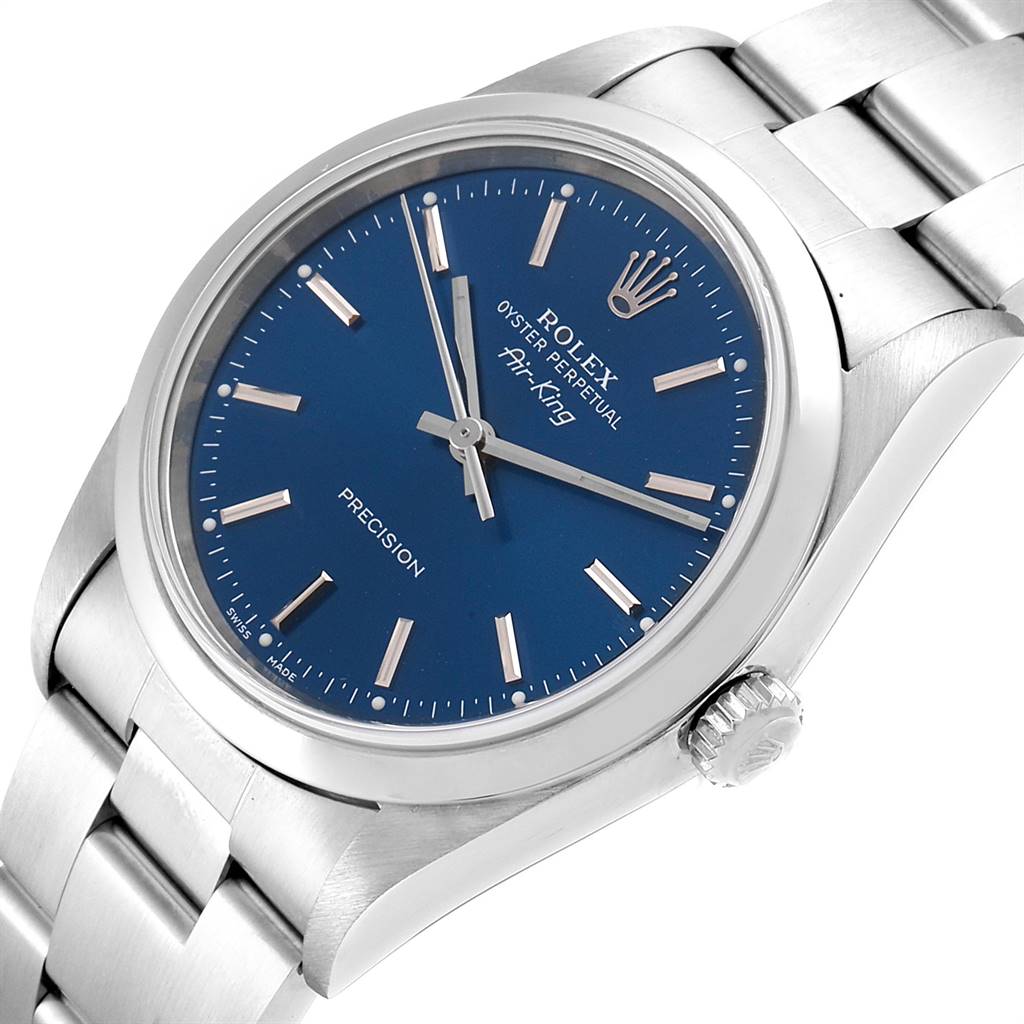 The Rolex Air-King 14000 Men's Stainless Steel Blue Dial 14000 Men's Stainless Steel Blue Dial watch is shown at an angled top view, displaying the face, hands, crown, and part of the band.