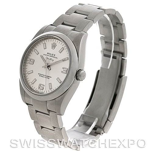 The image shows a Rolex Air-King 114200 Men's Stainless Steel Silver Dial 114200 Men's Stainless Steel Silver Dial watch at a slight angle, highlighting its face, bezel, crown, and stainless steel bracelet.