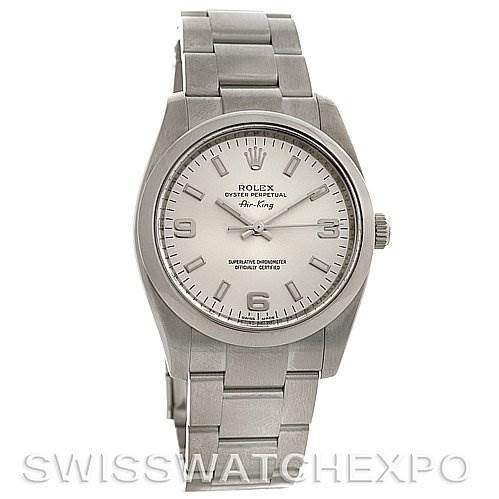 This image shows a front view of the Rolex Air-King 114200 Men's Stainless Steel Silver Dial 114200 Men's Stainless Steel Silver Dial watch, displaying its face, bezel, crown, and stainless steel bracelet.
