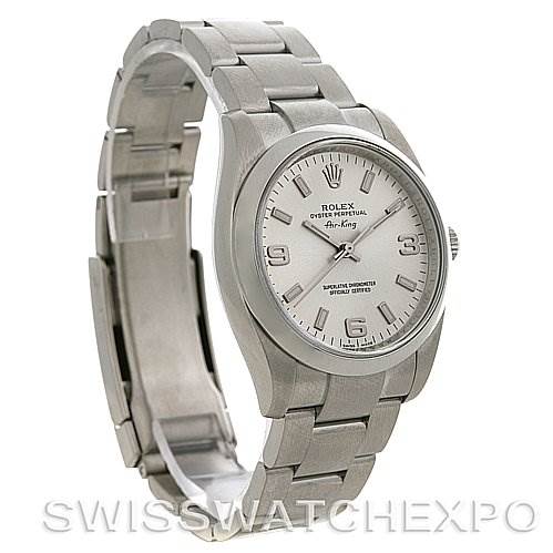 The image shows a Rolex Air-King 114200 Men's Stainless Steel Silver Dial 114200 Men's Stainless Steel Silver Dial watch at an angled view, highlighting the face, bezel, and bracelet.