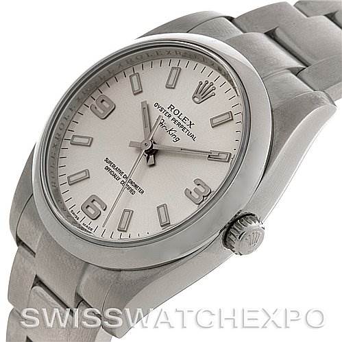 This is a top-side angle view of the Rolex Air-King 114200 Men's Stainless Steel Silver Dial 114200 Men's Stainless Steel Silver Dial watch, showing its dial, crown, bezel, and bracelet.