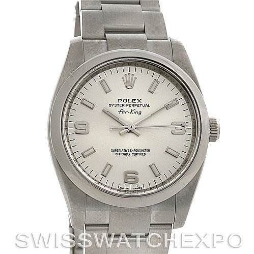 The image shows a frontal view of a Rolex Air-King 114200 Men's Stainless Steel Silver Dial 114200 Men's Stainless Steel Silver Dial watch, displaying the dial, bezel, crown, and part of the watch bracelet.