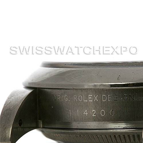 This image shows a side view of the case body of the Rolex Air-King 114200 Men's Stainless Steel Silver Dial 114200 Men's Stainless Steel Silver Dial watch, highlighting the model number engraving.