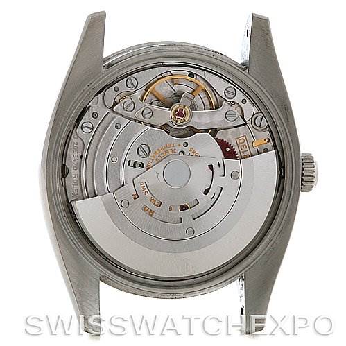 The image shows the internal movement and mechanism of a Rolex Air-King 114200 Men's Stainless Steel Silver Dial 114200 Men's Stainless Steel Silver Dial watch from a rear angle with the case back removed.