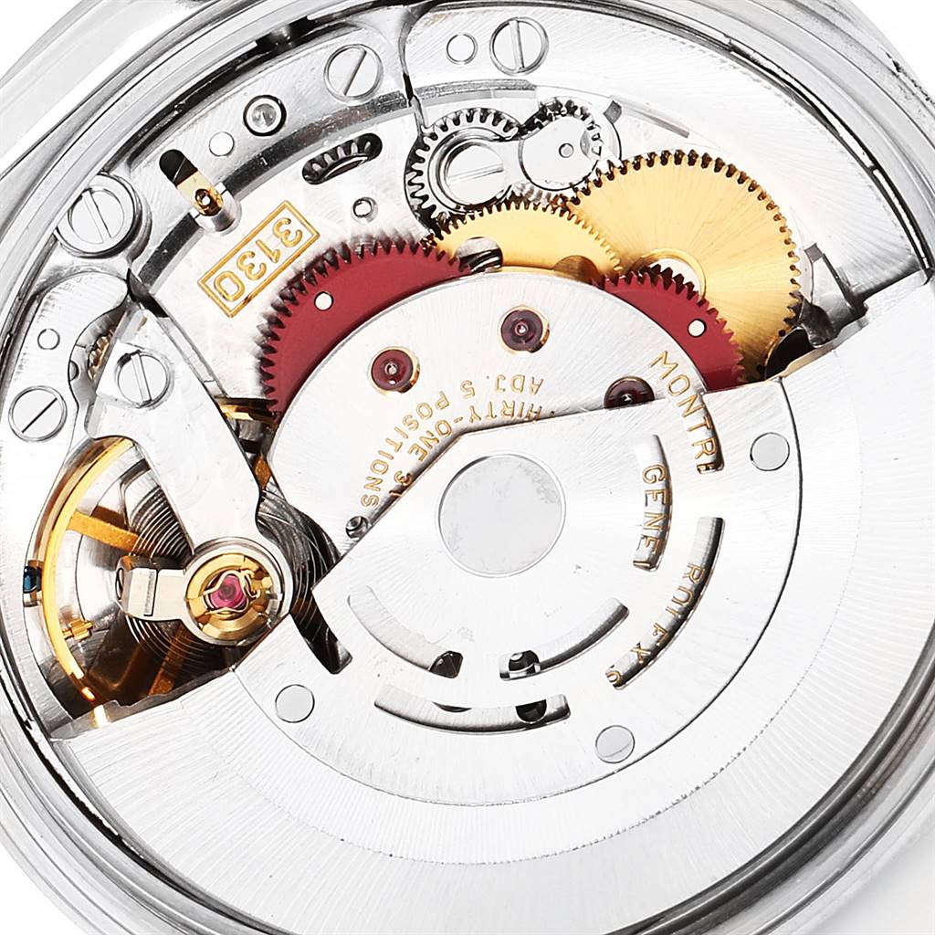 This image shows the inner mechanism of a Rolex Air-King 14000 Men's Stainless Steel Black Dial 14000 Men's Stainless Steel Black Dial watch with visible gears and components from a top view angle.