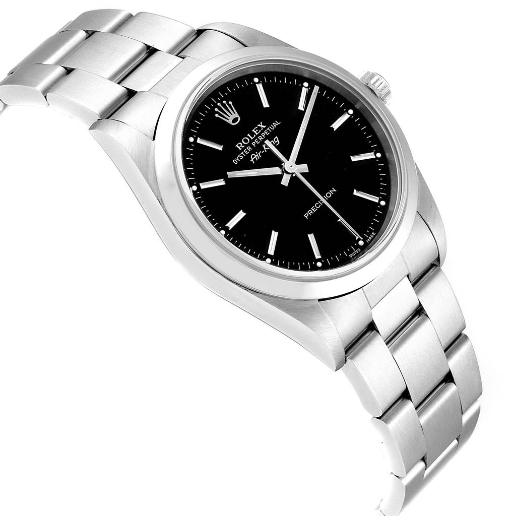 The image shows a Rolex Air-King 14000 Men's Stainless Steel Black Dial 14000 Men's Stainless Steel Black Dial watch from a slight angle, highlighting its black dial, silver markers, bezel, and stainless steel bracelet.