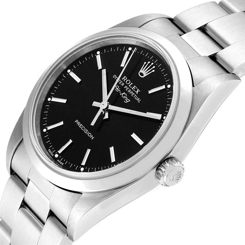This image shows a Rolex Air-King 14000 Men's Stainless Steel Black Dial 14000 Men's Stainless Steel Black Dial watch at a slight angle, displaying its black dial, metal bracelet, and crown.