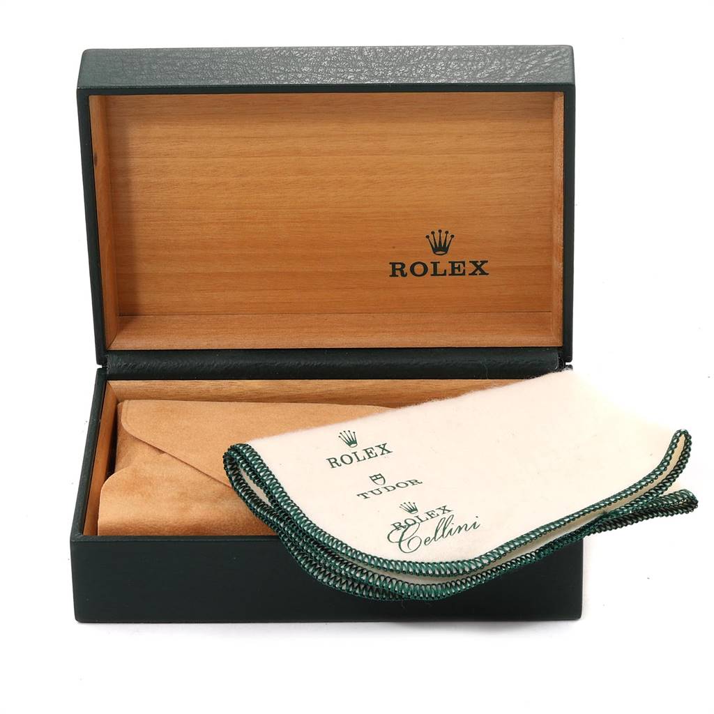 The image shows an open box for a Rolex Air-King 14000 Men's Stainless Steel Black Dial 14000 Men's Stainless Steel Black Dial watch, along with a cleaning cloth displaying the Rolex brand.