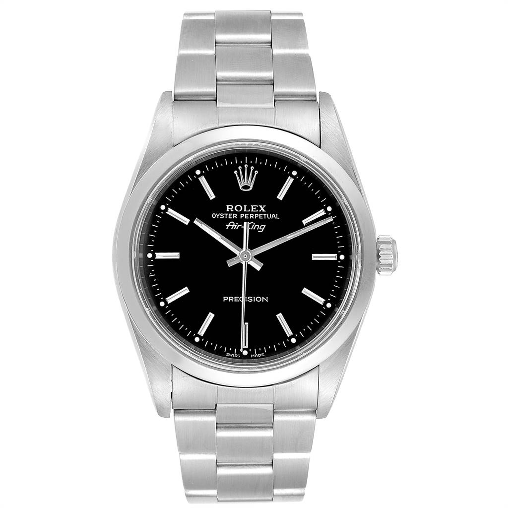 This image shows a front view of the Rolex Air-King 14000 Men's Stainless Steel Black Dial 14000 Men's Stainless Steel Black Dial watch, displaying its face and bracelet.