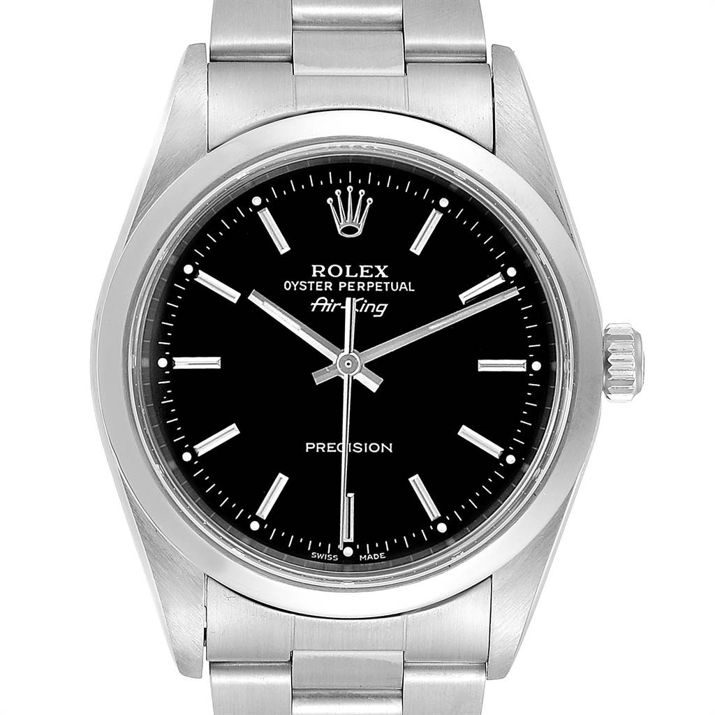 The image shows a front view of the Rolex Air-King 14000 Men's Stainless Steel Black Dial 14000 Men's Stainless Steel Black Dial watch, highlighting its dial, crown, and bracelet.