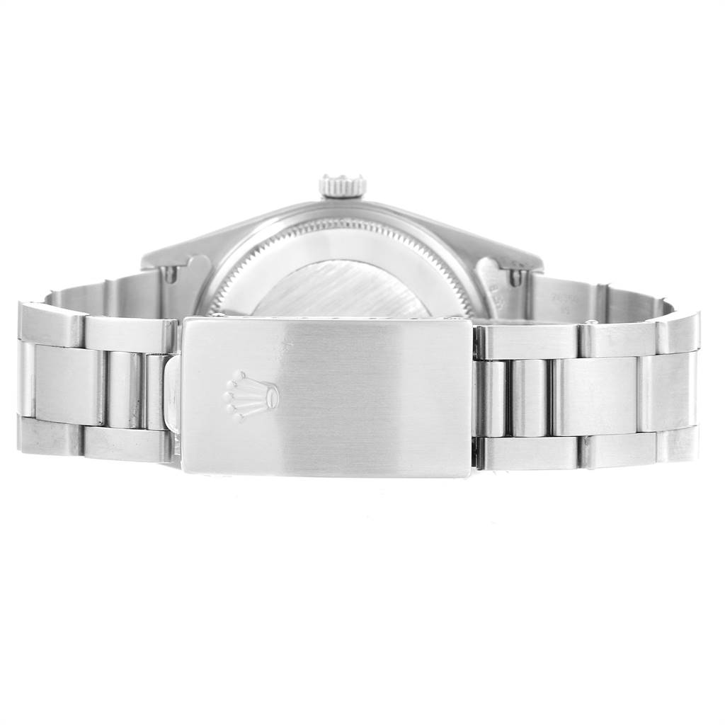 The image shows the back and clasp of a Rolex Air-King 14000 Men's Stainless Steel Black Dial 14000 Men's Stainless Steel Black Dial watch, featuring a stainless steel bracelet and the Rolex crown logo on the clasp.