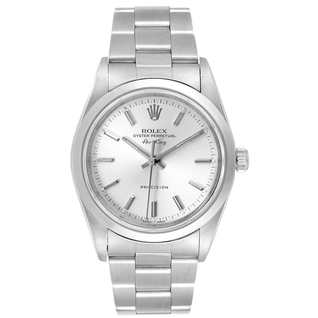 The image shows a front view of the Rolex Air-King 14000 Men's Stainless Steel Silver Dial 14000 Men's Stainless Steel Silver Dial watch, displaying the dial, bezel, bracelet, and crown.