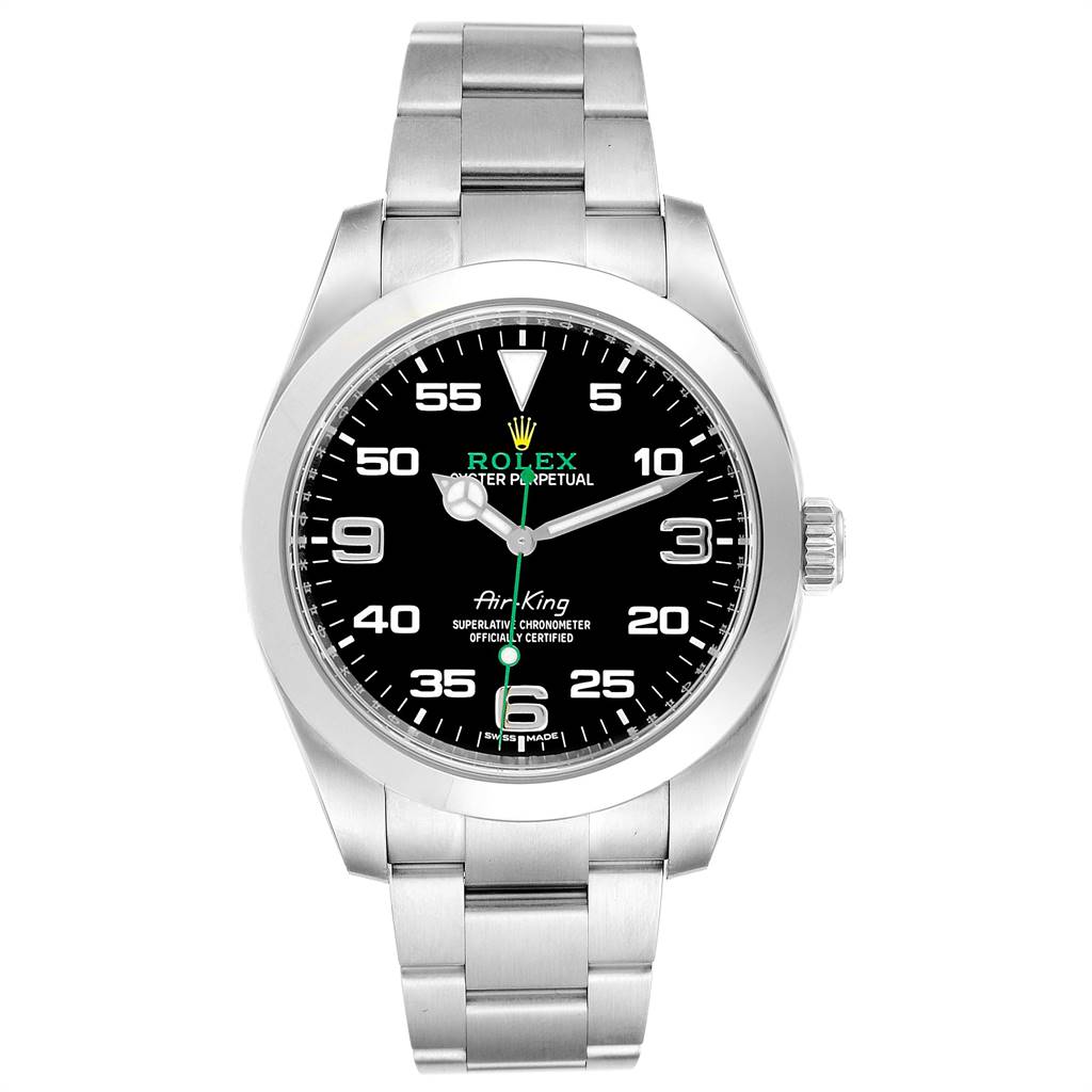 The image shows a front view of a Rolex Air-King 116900 Men's Stainless Steel Black Dial 116900 Men's Stainless Steel Black Dial watch, displaying the dial, hands, case, and bracelet.