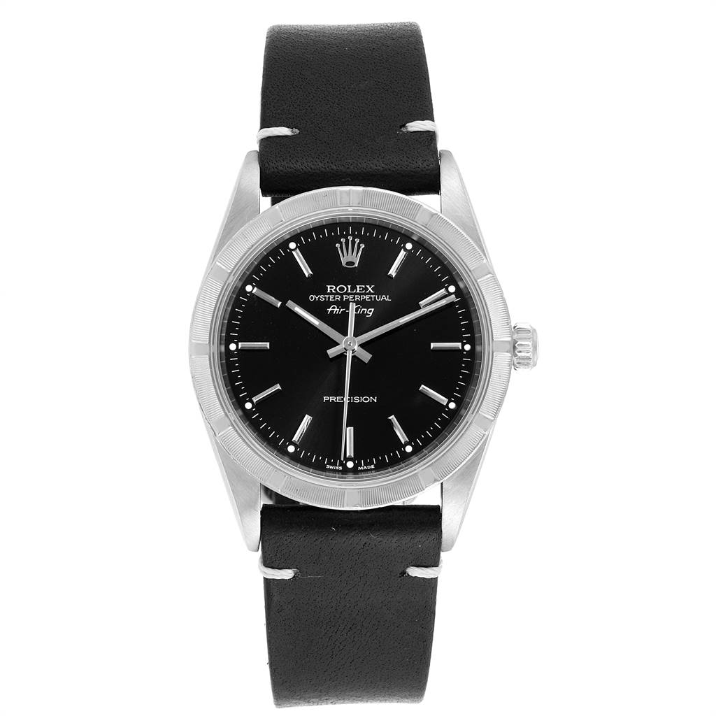 This image shows a front view of the Rolex Air-King 14010 Men's Stainless Steel Black Dial 14010 Men's Stainless Steel Black Dial watch, highlighting the dial, bezel, and strap.