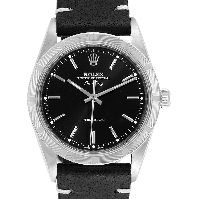 Rolex Air King 34mm Black Dial Leather Strap Steeel Mens Watch 14010 SwissWatchExpo