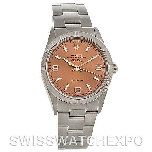 The image shows a frontal view of a Rolex Air-King 14010 Men's Stainless Steel Pink Dial 14010 Men's Stainless Steel Pink Dial watch displaying the face, bezel, crown, and bracelet.