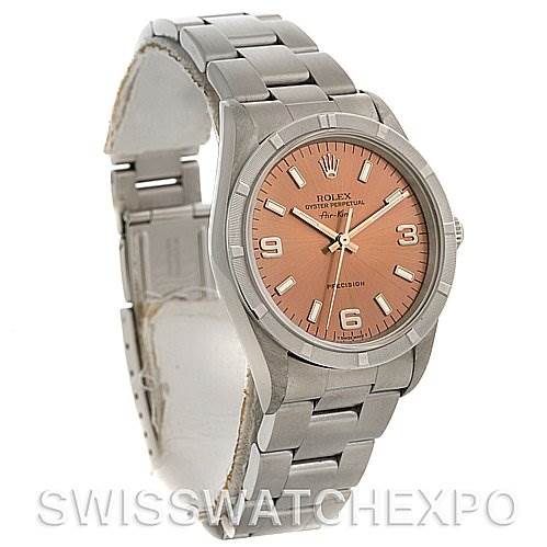 The image shows a Rolex Air-King 14010 Men's Stainless Steel Pink Dial 14010 Men's Stainless Steel Pink Dial watch at an angled view featuring its bracelet, crown, and salmon-colored dial.