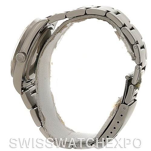 The image shows a side view of the Rolex Air-King 14010 Men's Stainless Steel Pink Dial 14010 Men's Stainless Steel Pink Dial watch, focusing on the case, bezel, crown, and bracelet links.