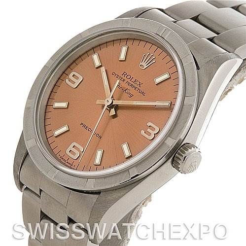 This is a side-angle view of the Rolex Air-King 14010 Men's Stainless Steel Pink Dial 14010 Men's Stainless Steel Pink Dial, showcasing the dial, crown, and part of the bracelet.