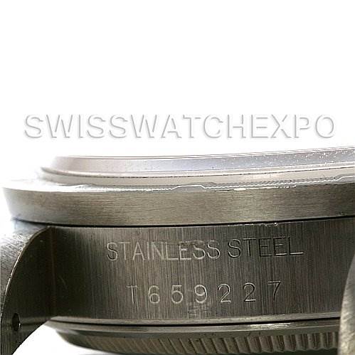 The image shows a close-up side view of the stainless steel case back of a Rolex Air-King 14010 Men's Stainless Steel Pink Dial 14010 Men's Stainless Steel Pink Dial watch, with the model number engraved.