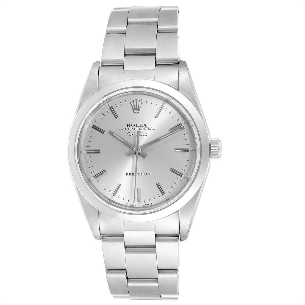 The image shows a front view of the Rolex Air-King 14000 Men's Stainless Steel Silver Dial 14000 Men's Stainless Steel Silver Dial watch, highlighting its dial, hands, and bracelet.