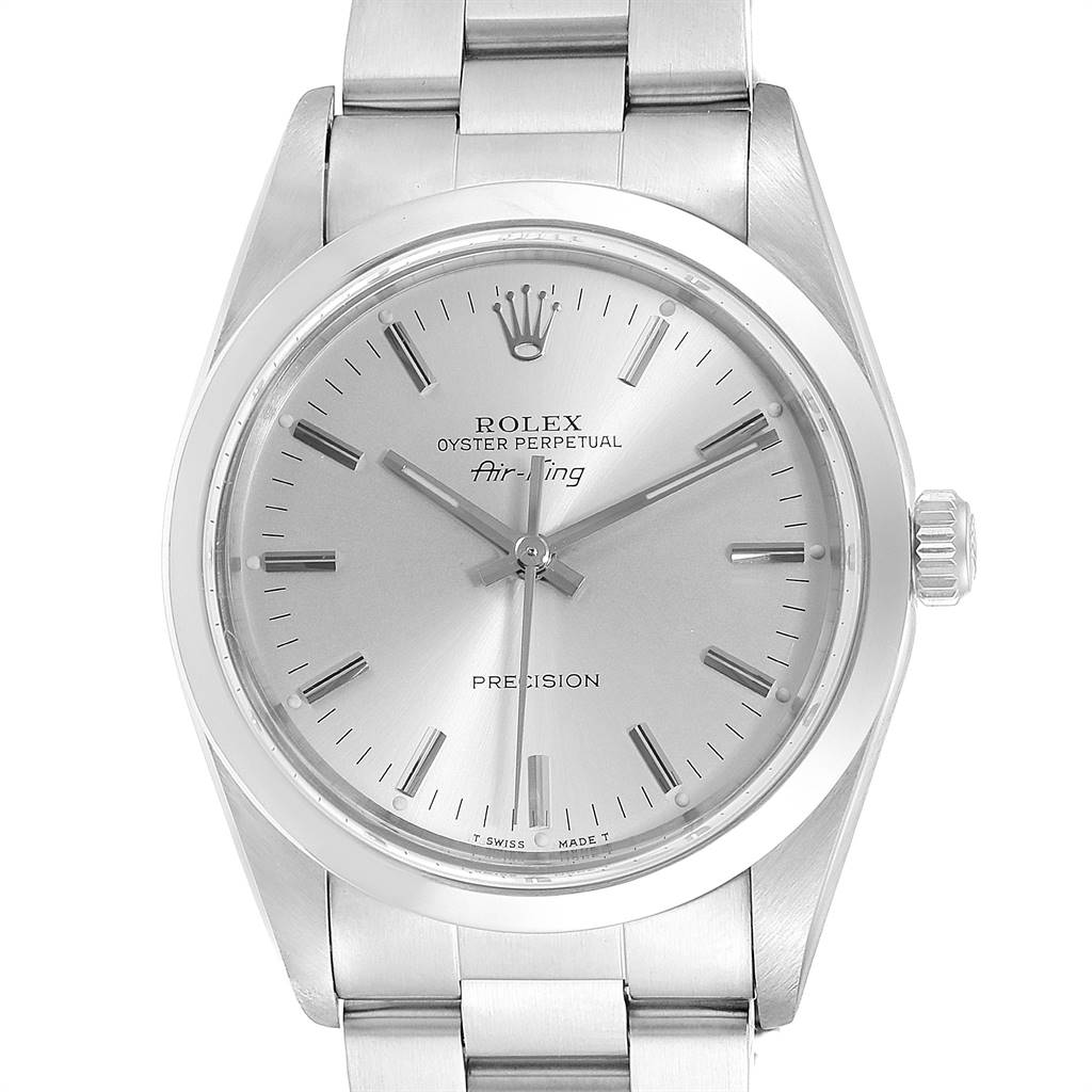 The Rolex Air-King 14000 Men's Stainless Steel Silver Dial 14000 Men's Stainless Steel Silver Dial watch is shown from a front angle, displaying the dial, hands, hour markers, crown, and part of the bracelet.