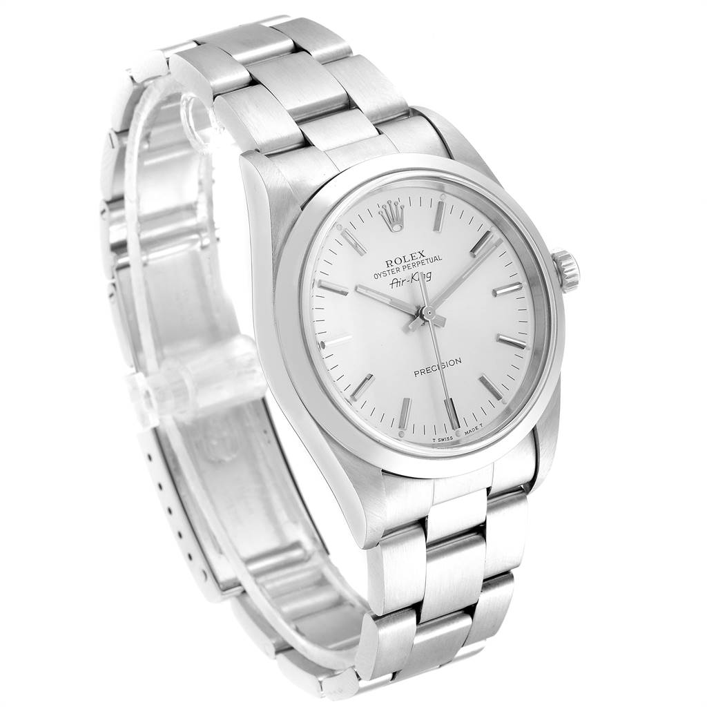 The Rolex Air-King 14000 Men's Stainless Steel Silver Dial 14000 Men's Stainless Steel Silver Dial watch is shown at a slight angle, displaying the face, bezel, and bracelet.