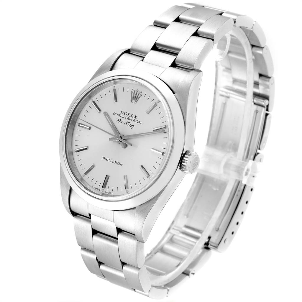 The Rolex Air-King 14000 Men's Stainless Steel Silver Dial 14000 Men's Stainless Steel Silver Dial watch is shown at a three-quarter angle, displaying the face, bracelet, and crown.