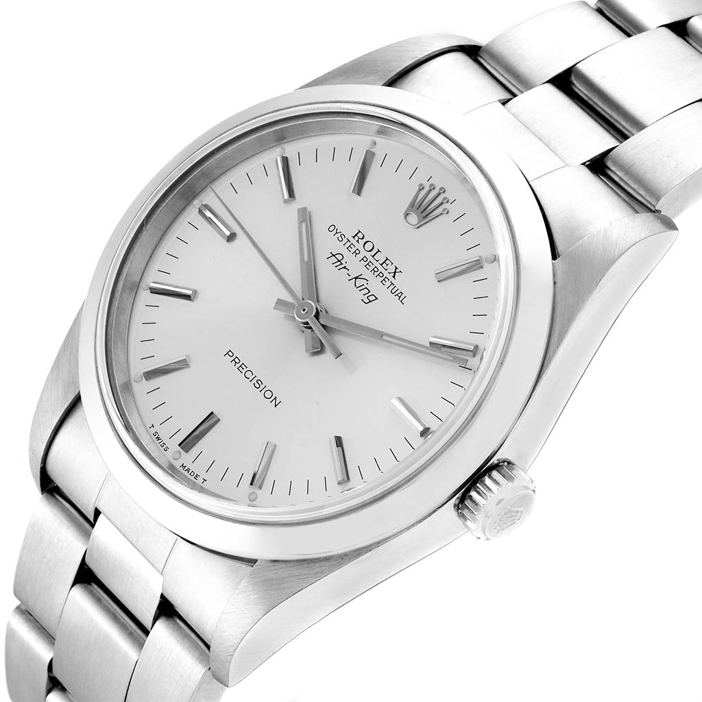 This image shows a close-up of the Rolex Air-King 14000 Men's Stainless Steel Silver Dial 14000 Men's Stainless Steel Silver Dial watch, focusing on its dial, bezel, and bracelet at an angled view.