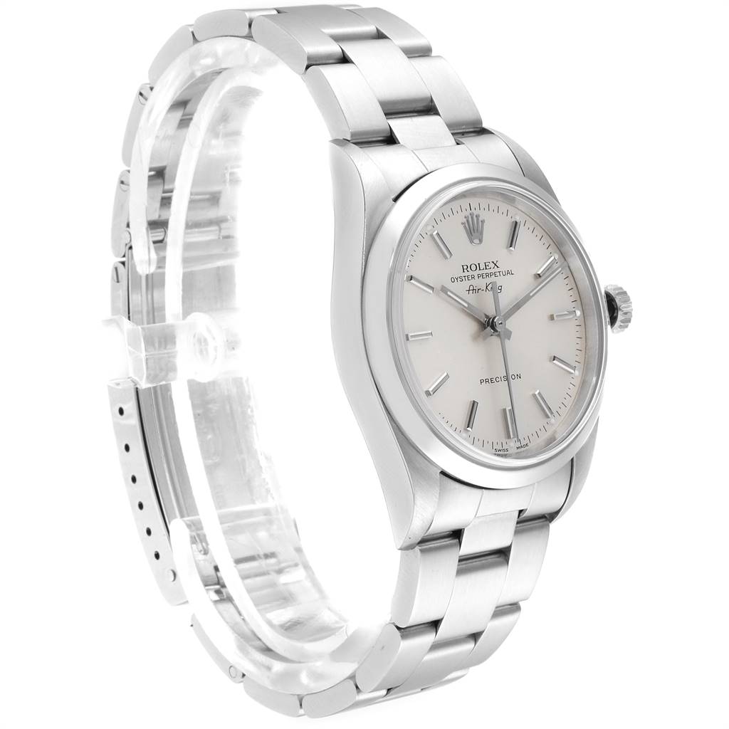 The image shows a side angle of the Rolex Air-King 14000 Men's Stainless Steel Silver Dial 14000 Men's Stainless Steel Silver Dial watch displaying its face, crown, and stainless-steel bracelet.